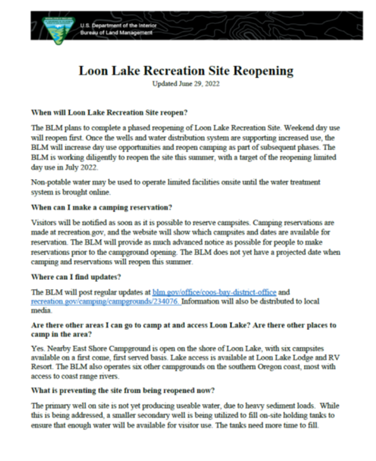 You are currently viewing Loon Lake Recreation Area Nears Reopening by BLM